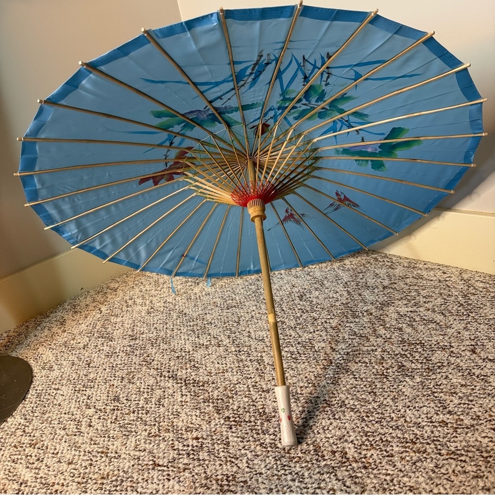 Asian Japanese Parasol Umbrella Nylon Bamboo Blue Blossoms Birds Sun Shade - Picture 3 of 13